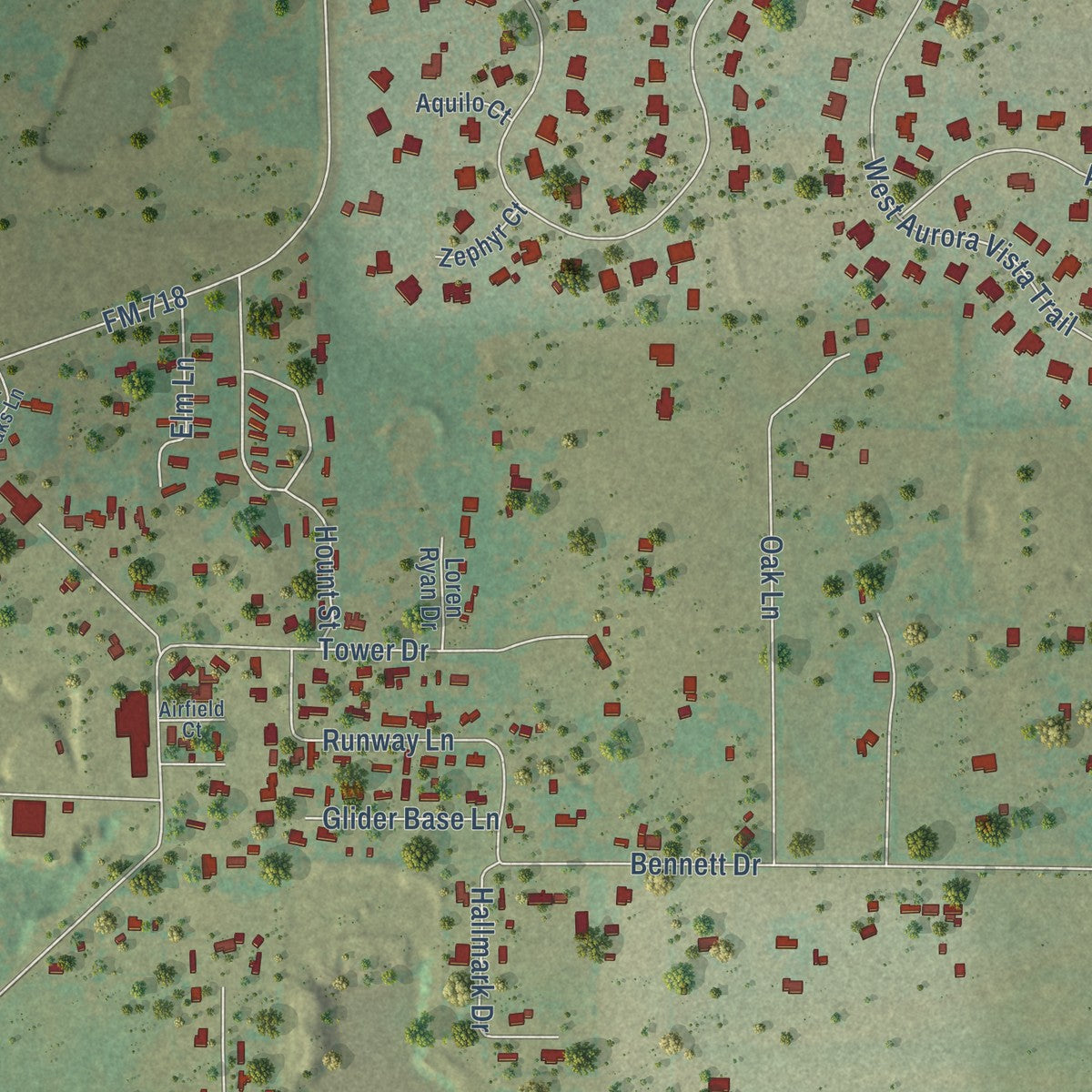 Close-up of the map of Aurora, Texas print showing street and building detail