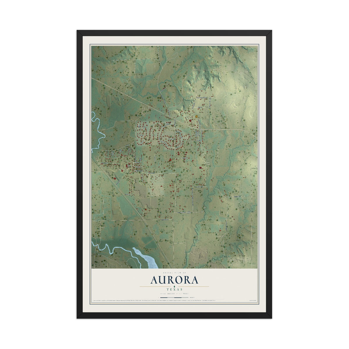 Map of Aurora, Texas, 12 x 18 inch print in a black wood frame