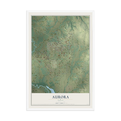 Map of Aurora, Texas, 12 x 18 inch print in a white wood frame