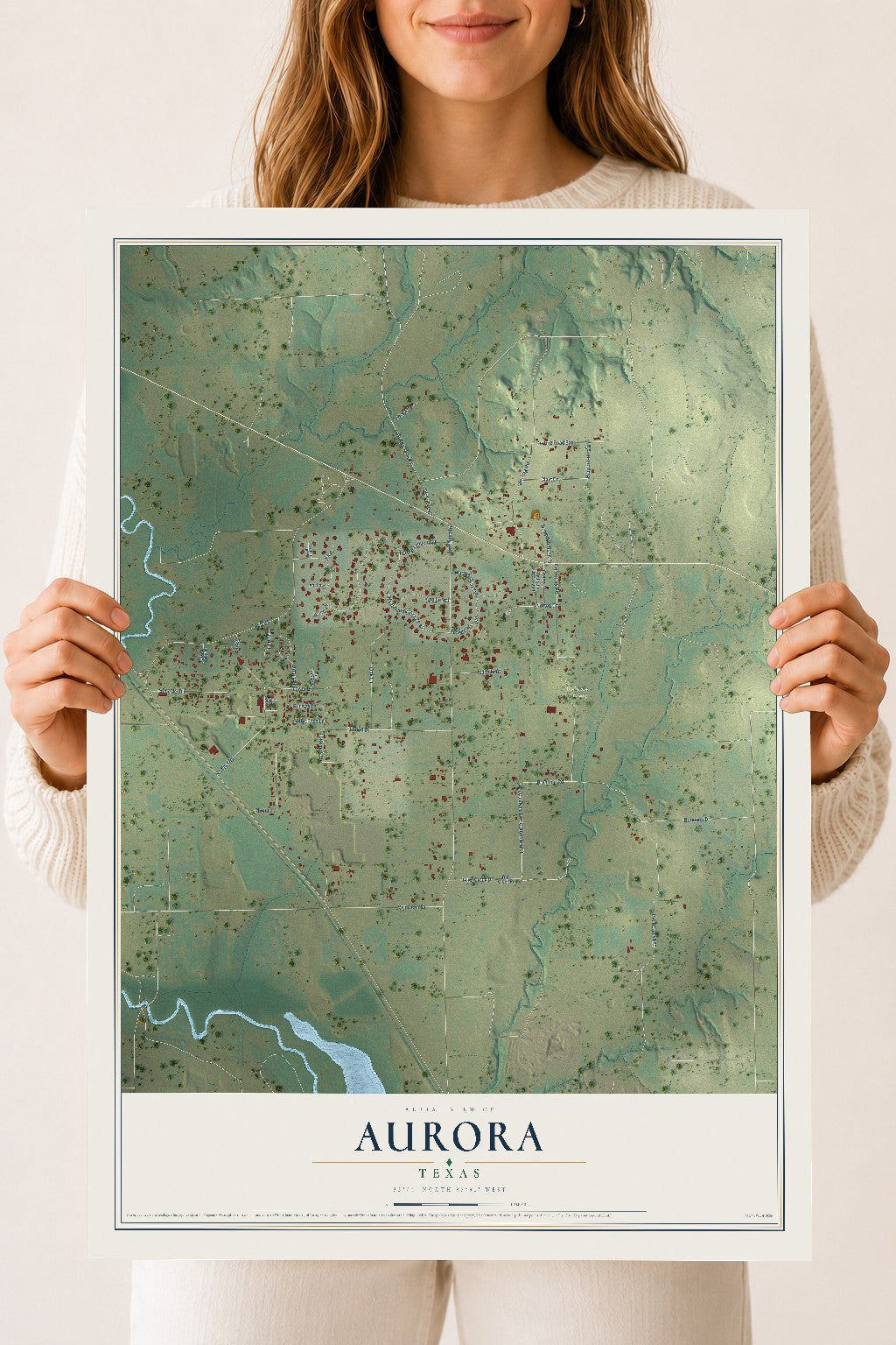 Map of Aurora, Texas, 18 x 24 inch unframed archival matte print