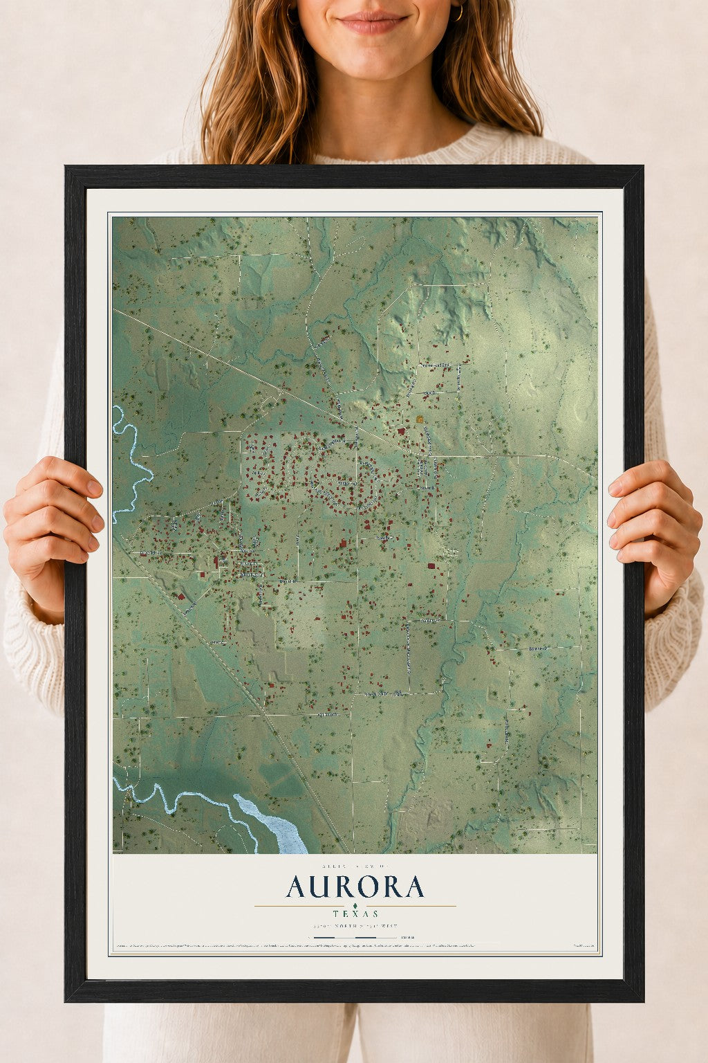 Map of Aurora, Texas, 18 x 24 inch print in a black wood frame