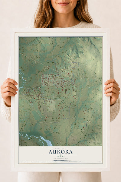 Map of Aurora, Texas, 18 x 24 inch print in a white wood frame