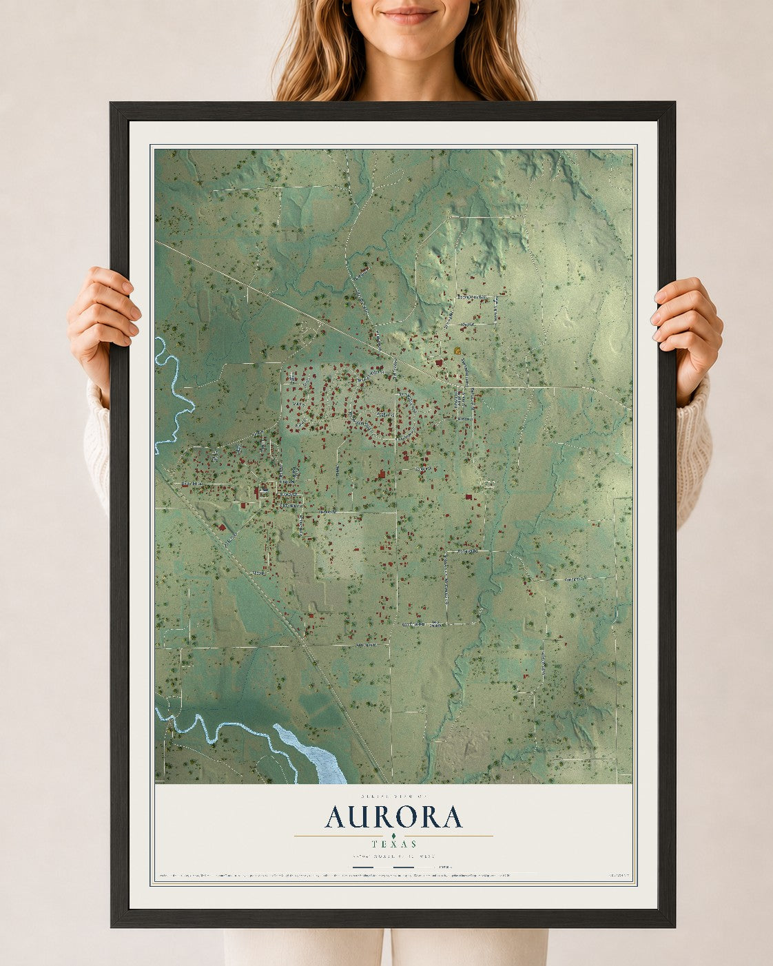 Map of Aurora, Texas, 24 x 36 inch print in a black wood frame