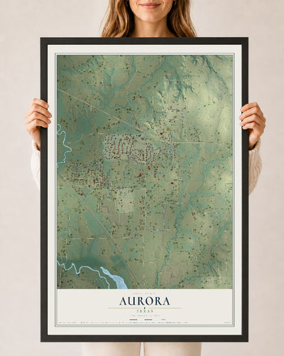 Map of Aurora, Texas, 24 x 36 inch print in a black wood frame