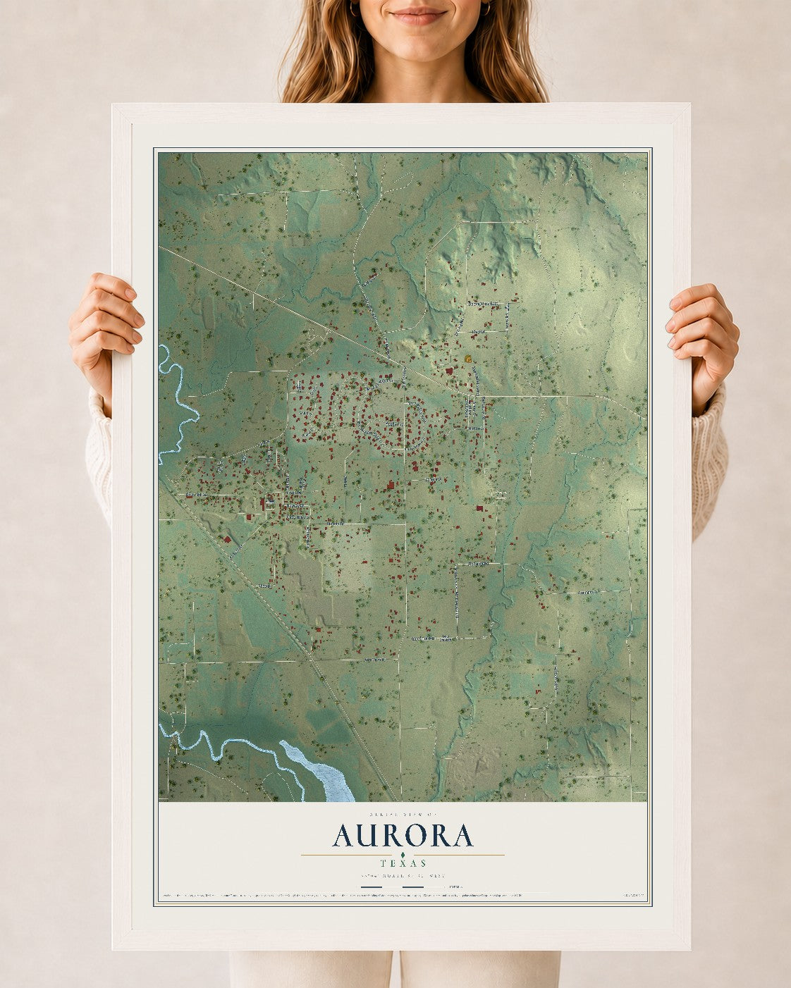 Map of Aurora, Texas, 24 x 36 inch print in a white wood frame