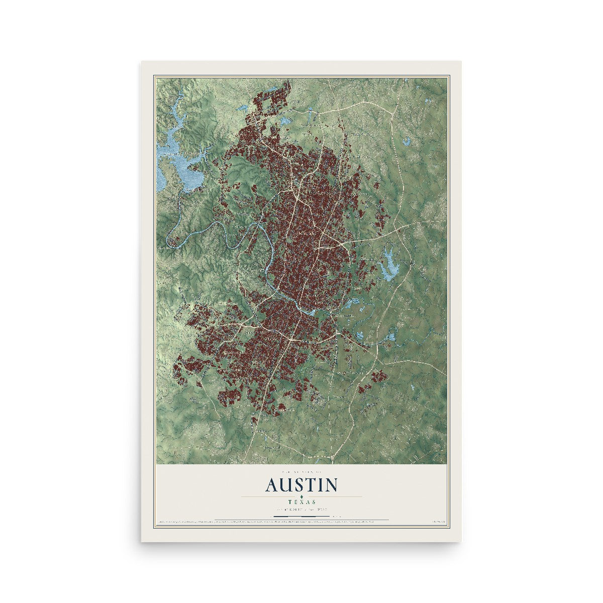 Map of Austin, Texas, 12 x 18 inch unframed archival matte print