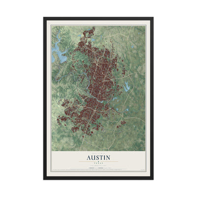 Map of Austin, Texas, 12 x 18 inch print in a black wood frame