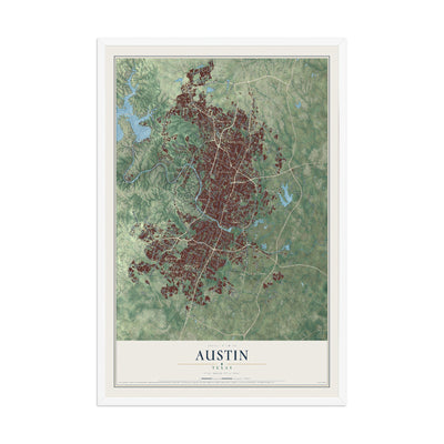 Map of Austin, Texas, 12 x 18 inch print in a white wood frame