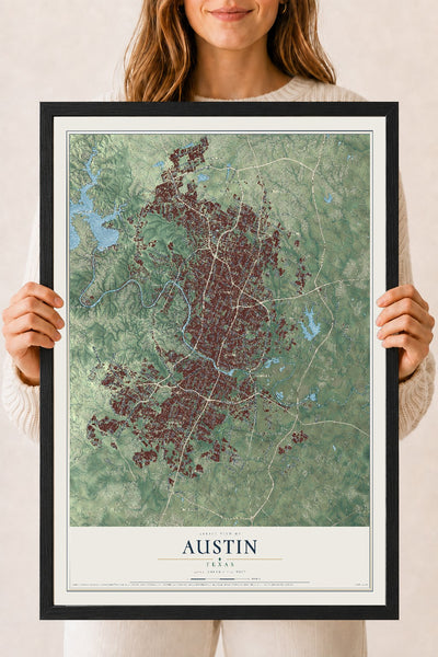 Map of Austin, Texas, 18 x 24 inch print in a black wood frame