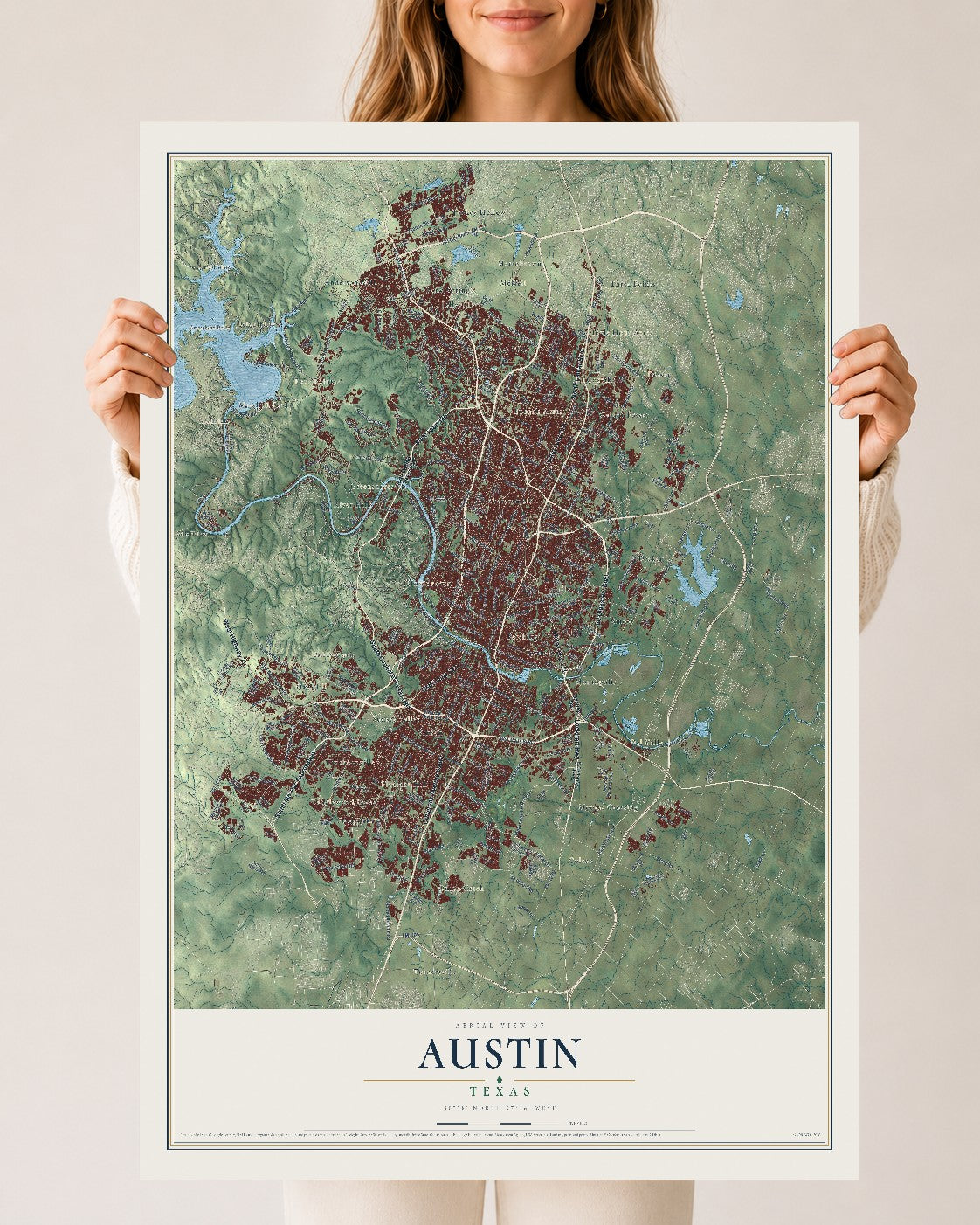 Map of Austin, Texas, 24 x 36 inch unframed archival matte print