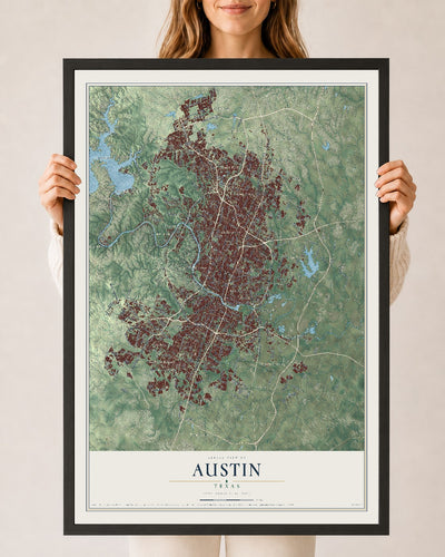 Map of Austin, Texas, 24 x 36 inch print in a black wood frame