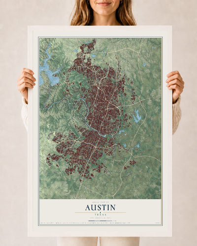Map of Austin, Texas, 24 x 36 inch print in a white wood frame