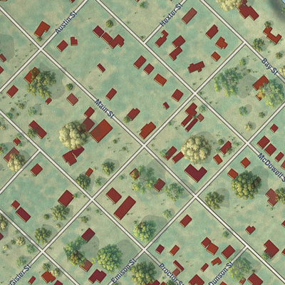 Close-up of the map of Austwell, Texas print showing street and building detail