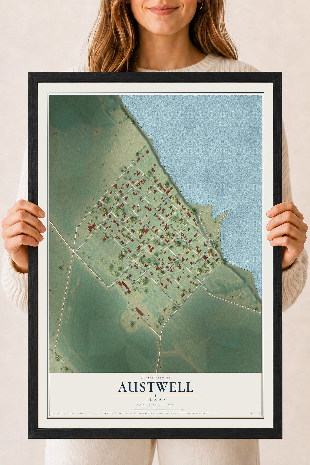 Map of Austwell, Texas, 18 x 24 inch print in a black wood frame