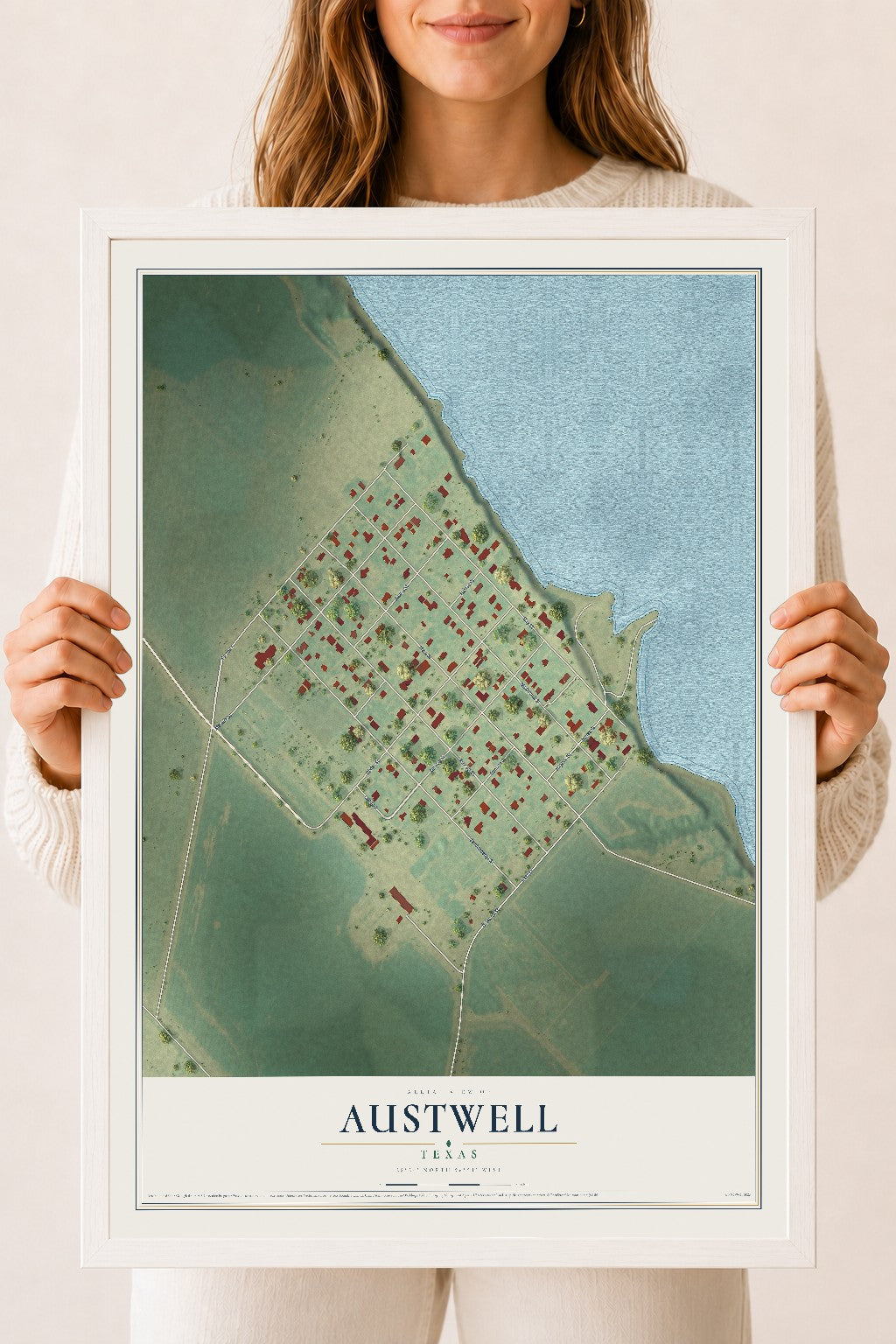 Map of Austwell, Texas, 18 x 24 inch print in a white wood frame