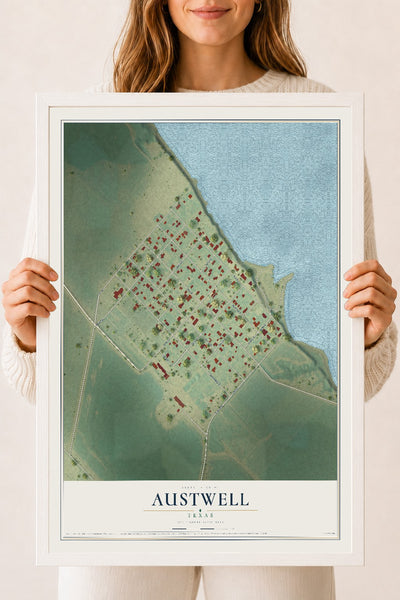 Map of Austwell, Texas, 18 x 24 inch print in a white wood frame