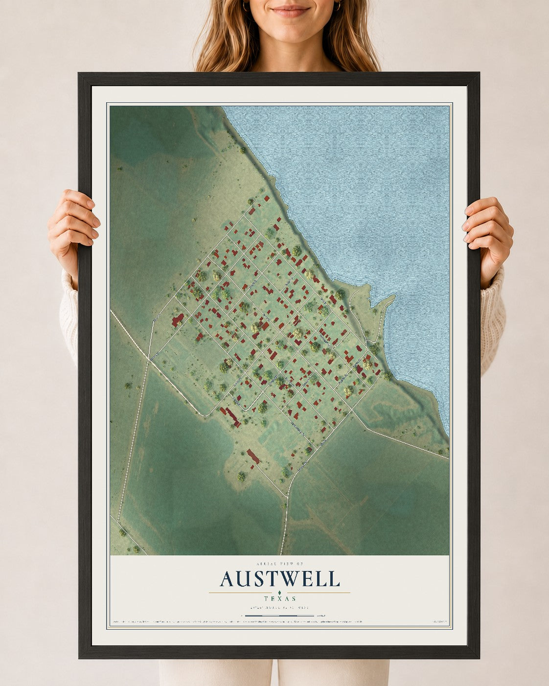 Map of Austwell, Texas, 24 x 36 inch print in a black wood frame