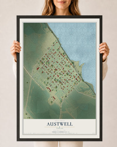 Map of Austwell, Texas, 24 x 36 inch print in a black wood frame