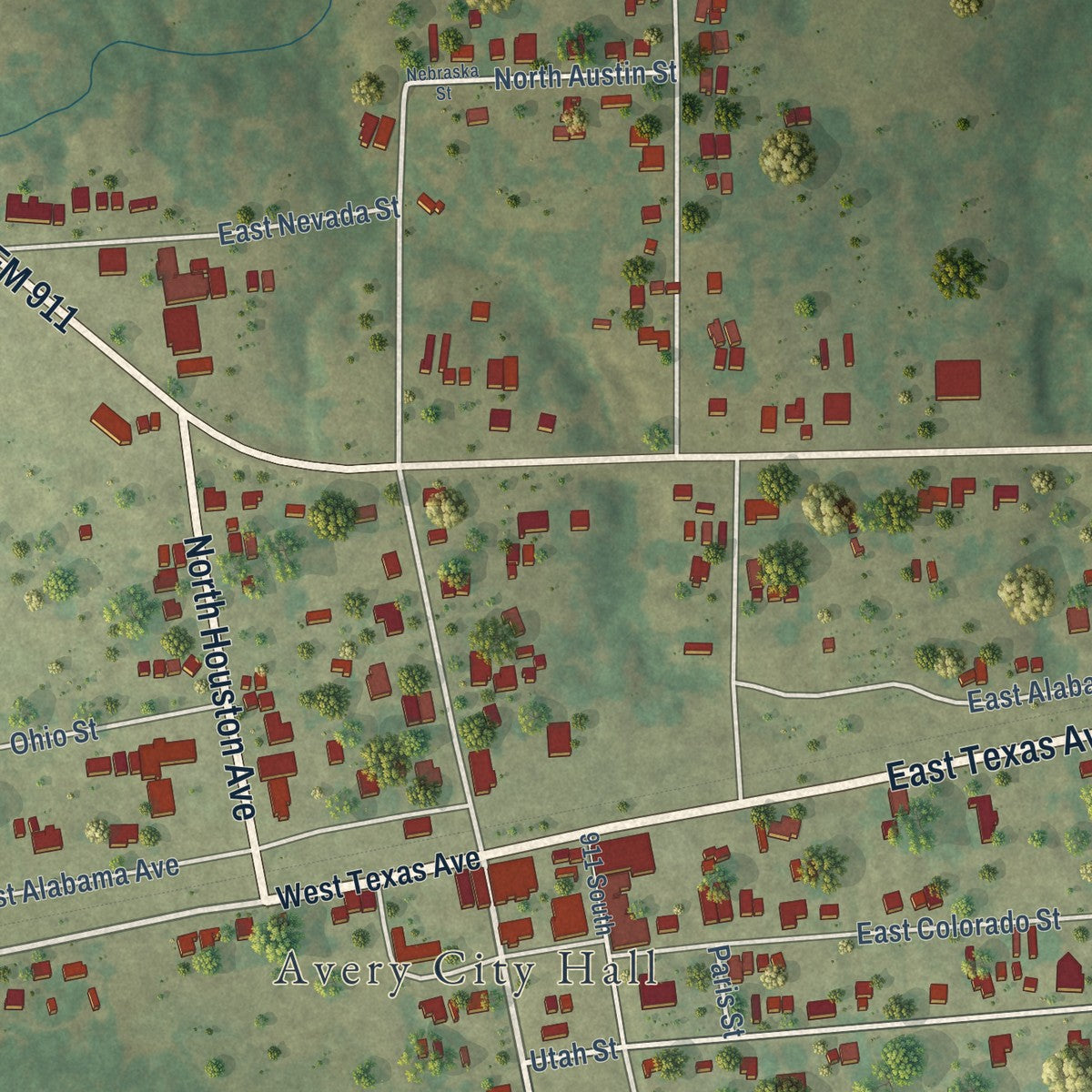 Close-up of the map of Avery, Texas print showing street and building detail