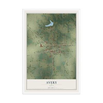 Map of Avery, Texas, 12 x 18 inch print in a white wood frame