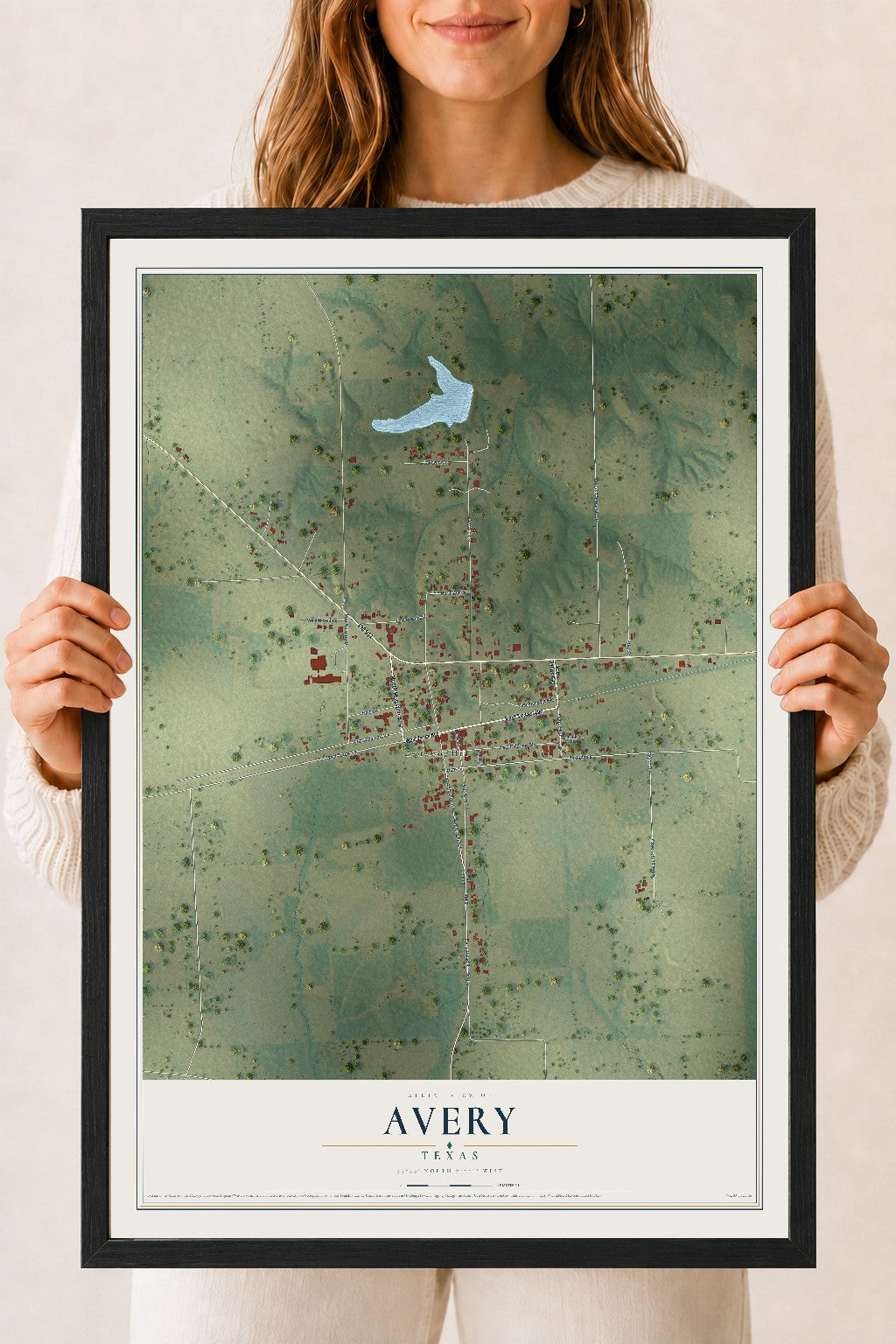 Map of Avery, Texas, 18 x 24 inch print in a black wood frame