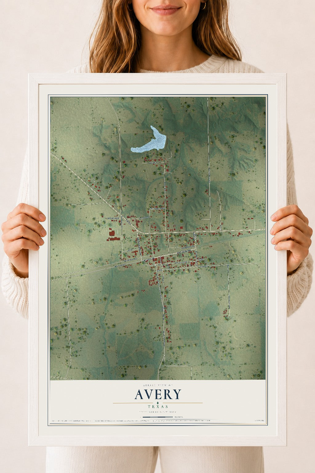 Map of Avery, Texas, 18 x 24 inch print in a white wood frame