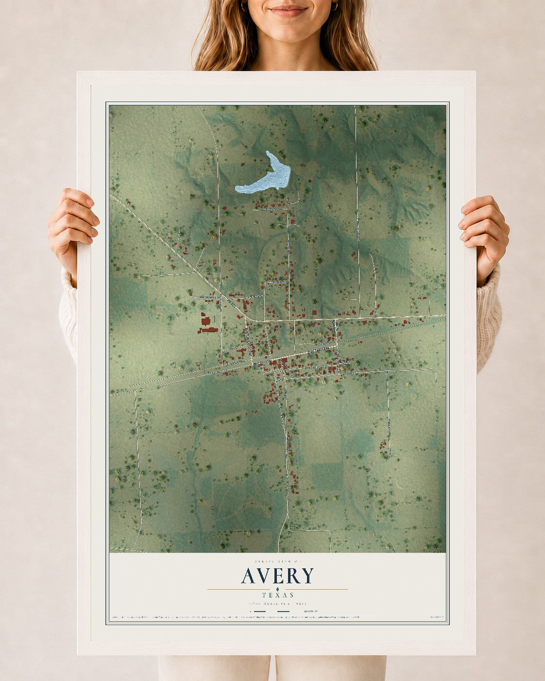 Map of Avery, Texas, 24 x 36 inch print in a white wood frame