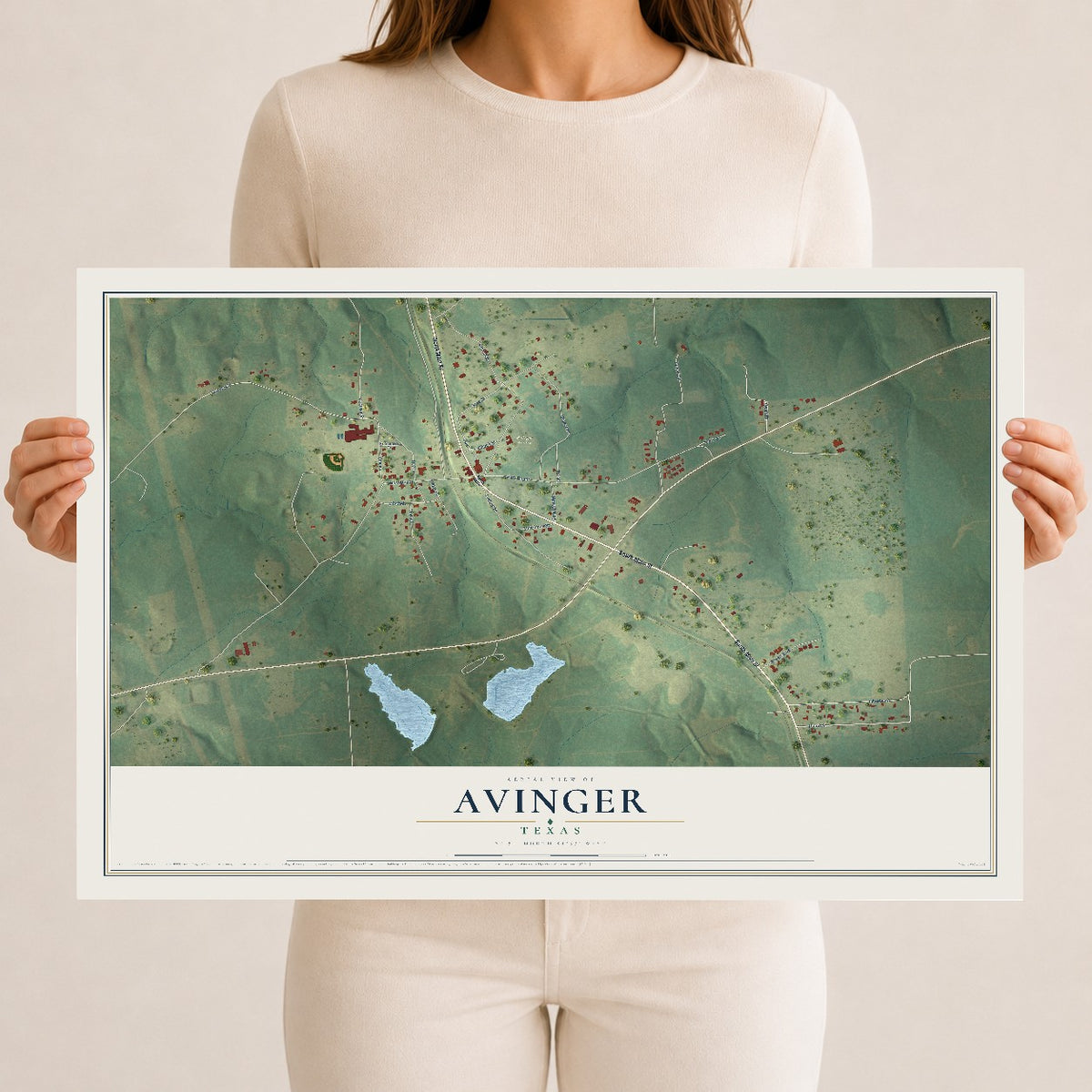 Map of Avinger, Texas, 12 x 18 inch unframed archival matte print