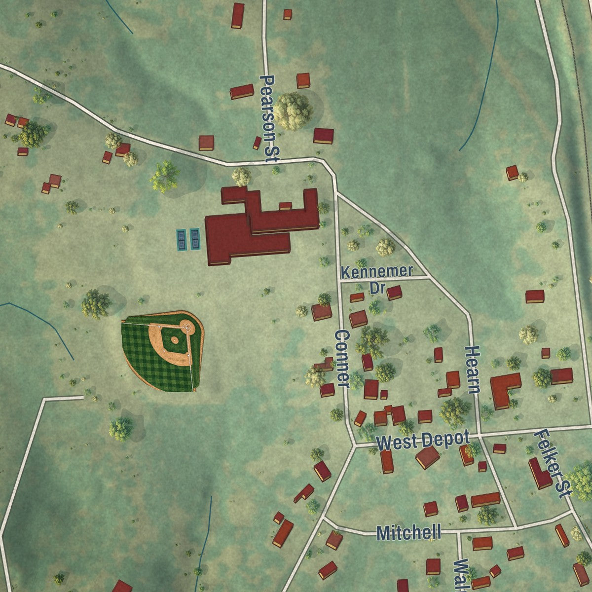 Close-up of the map of Avinger, Texas print showing street and building detail