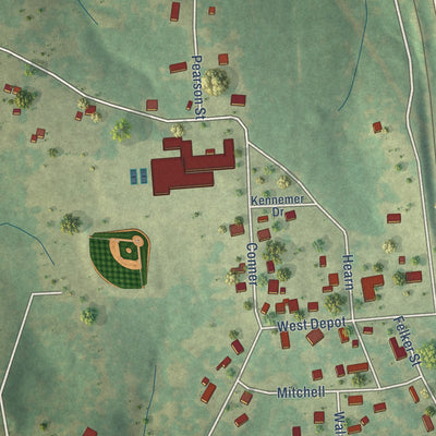 Close-up of the map of Avinger, Texas print showing street and building detail