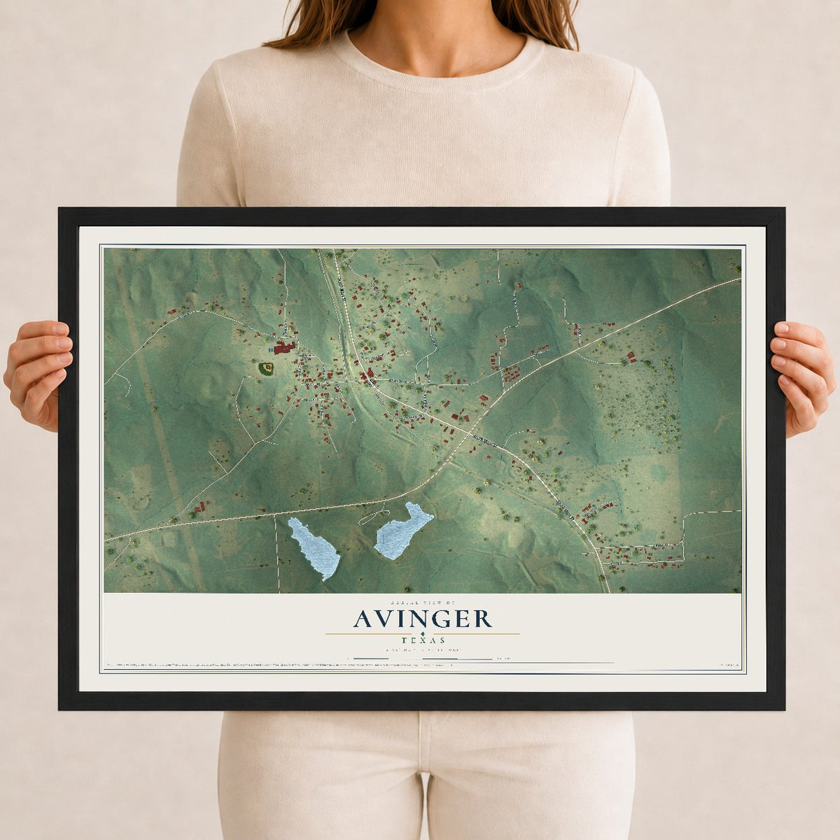 Map of Avinger, Texas, 12 x 18 inch print in a black wood frame