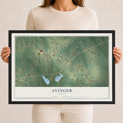 Map of Avinger, Texas, 12 x 18 inch print in a black wood frame