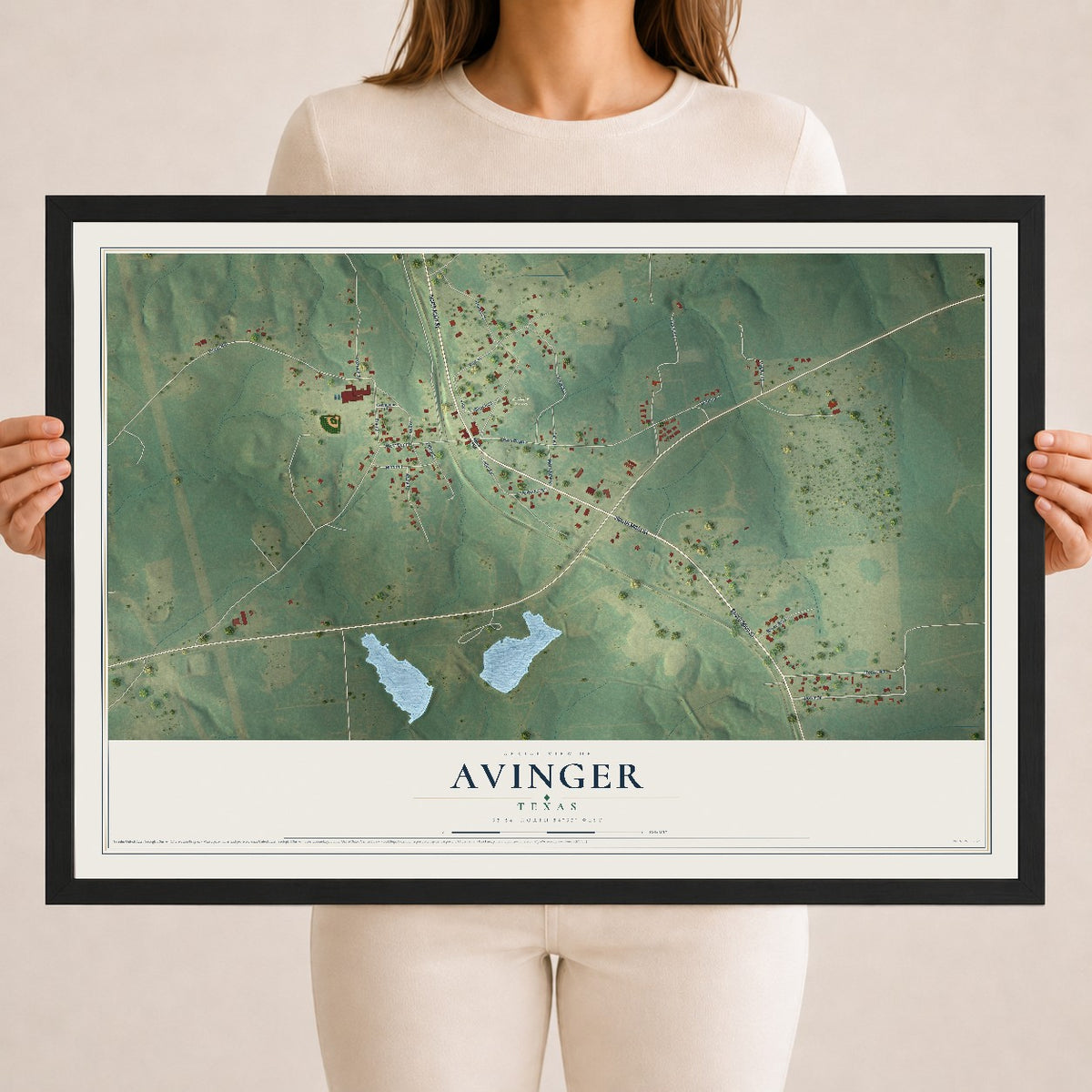Map of Avinger, Texas, 18 x 24 inch print in a black wood frame
