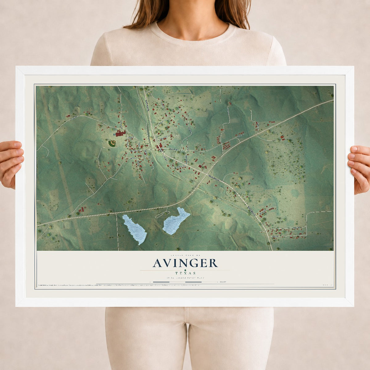 Map of Avinger, Texas, 18 x 24 inch print in a white wood frame