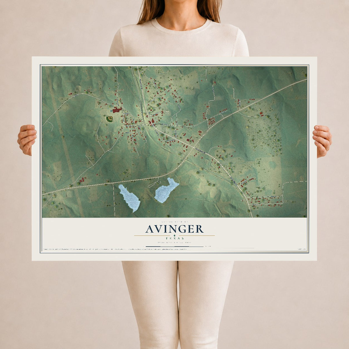 Map of Avinger, Texas, 24 x 36 inch unframed archival matte print