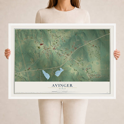 Map of Avinger, Texas, 24 x 36 inch print in a white wood frame