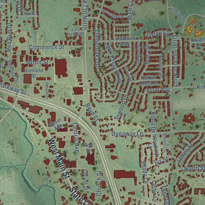 Close-up of the map of Azle, Texas print showing street and building detail