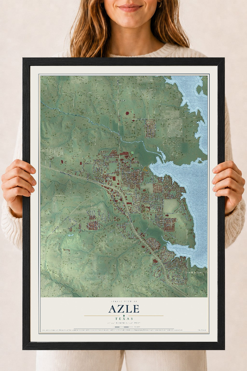 Map of Azle, Texas, 18 x 24 inch print in a black wood frame