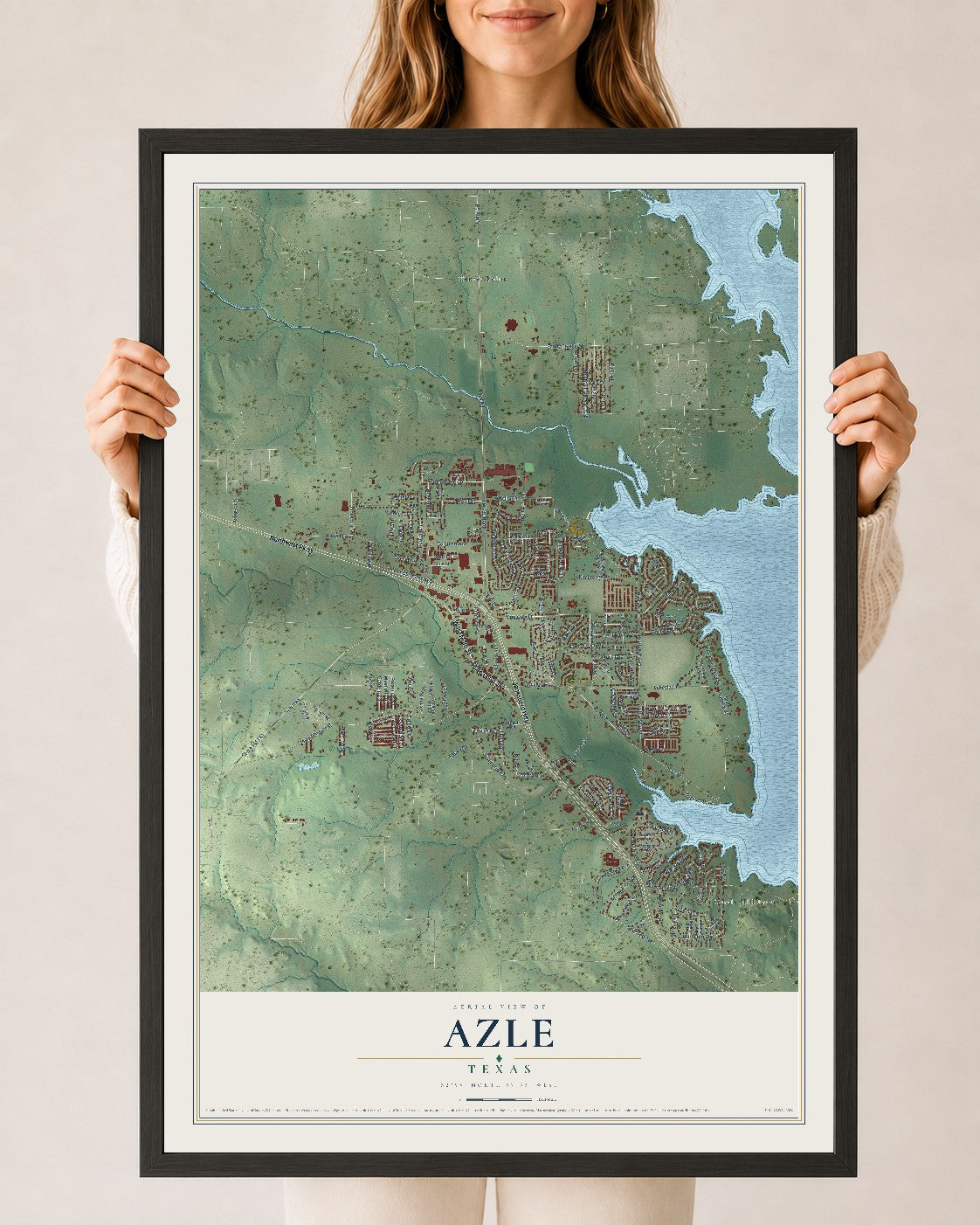 Map of Azle, Texas, 24 x 36 inch print in a black wood frame