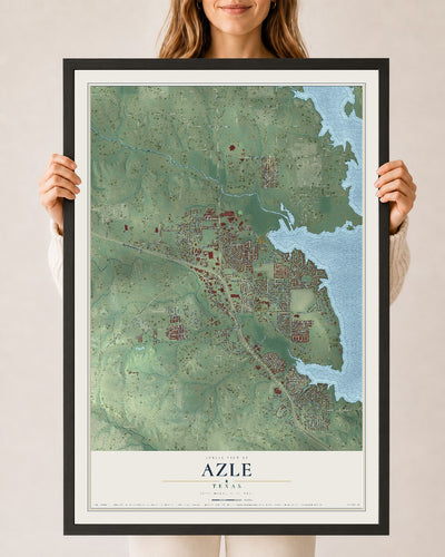 Map of Azle, Texas, 24 x 36 inch print in a black wood frame