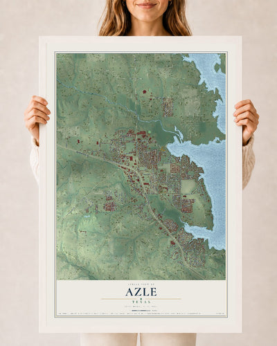 Map of Azle, Texas, 24 x 36 inch print in a white wood frame