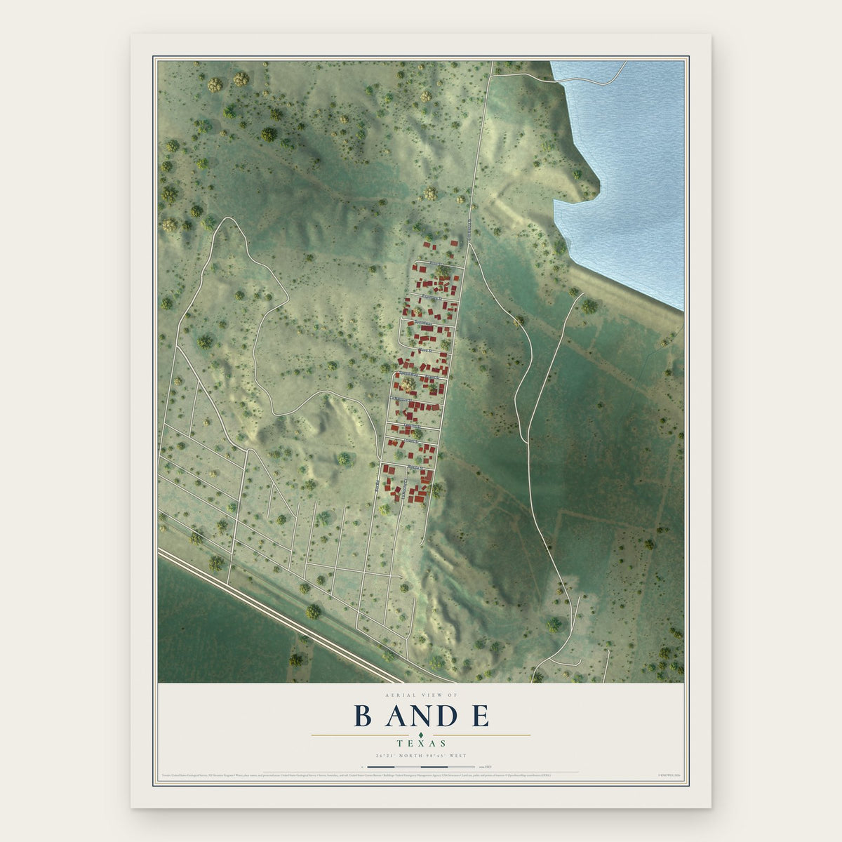B and E, Texas map print, the full design