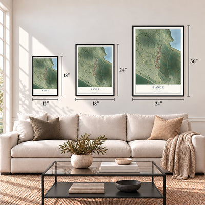 B and E, Texas map in 12 x 18, 18 x 24 and 24 x 36 inch sizes above a sofa
