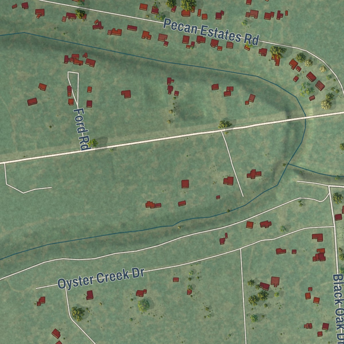 Close-up of the map of Bailey's Prairie, Texas print showing street and building detail