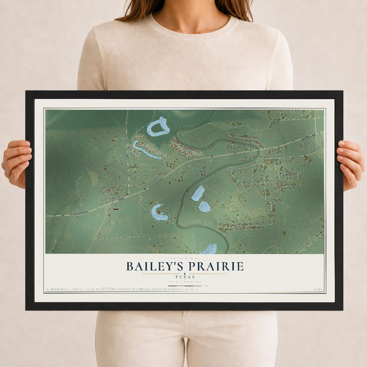 Map of Bailey's Prairie, Texas, 12 x 18 inch print in a black wood frame