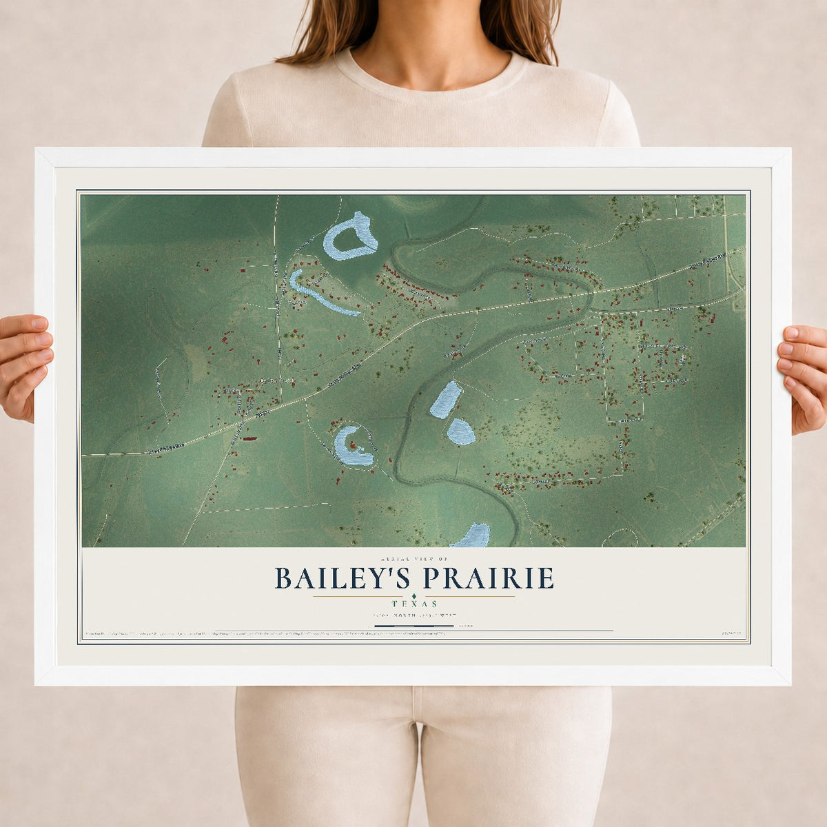 Map of Bailey's Prairie, Texas, 18 x 24 inch print in a white wood frame