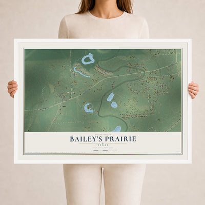 Map of Bailey's Prairie, Texas, 24 x 36 inch print in a white wood frame