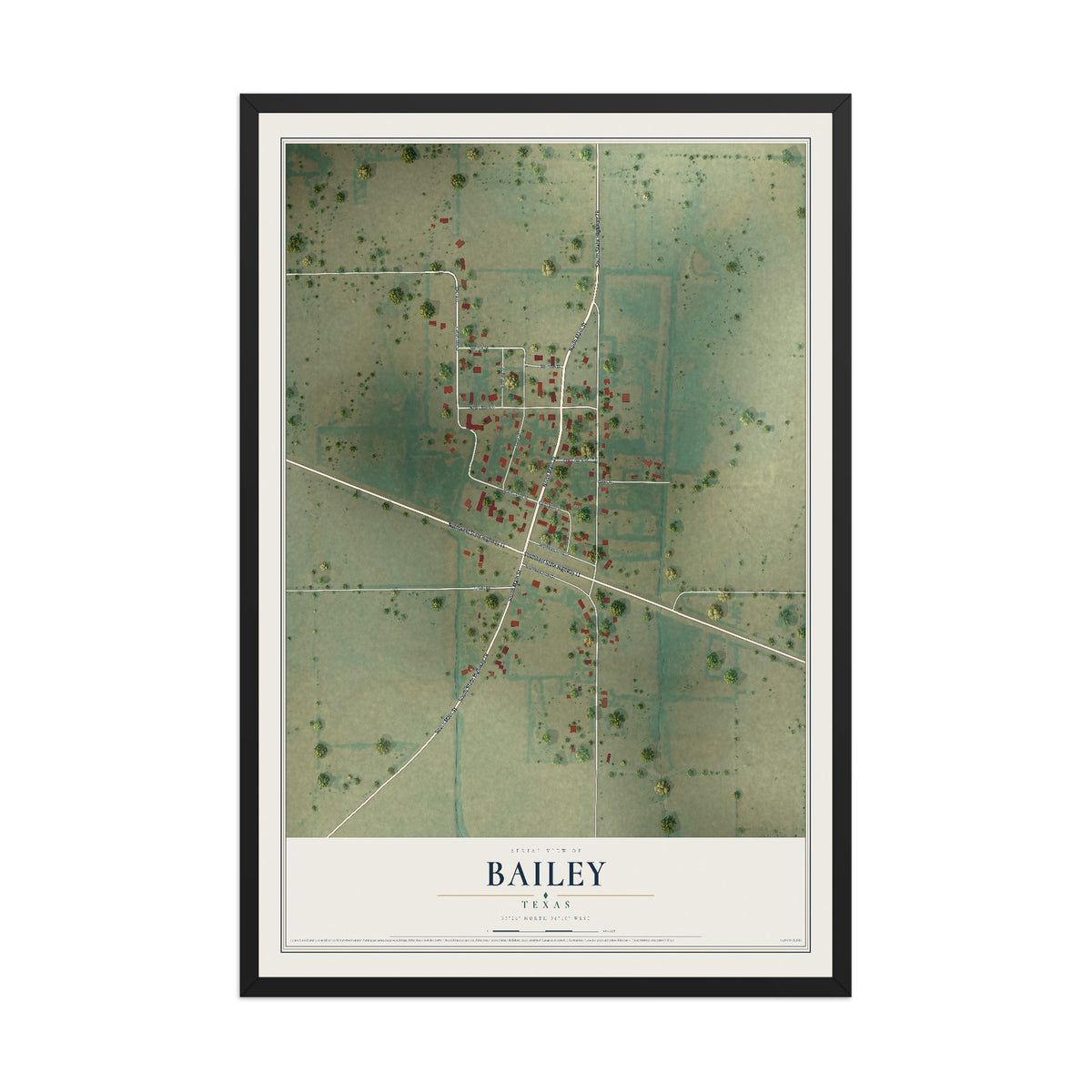 Map of Bailey, Texas, 12 x 18 inch print in a black wood frame