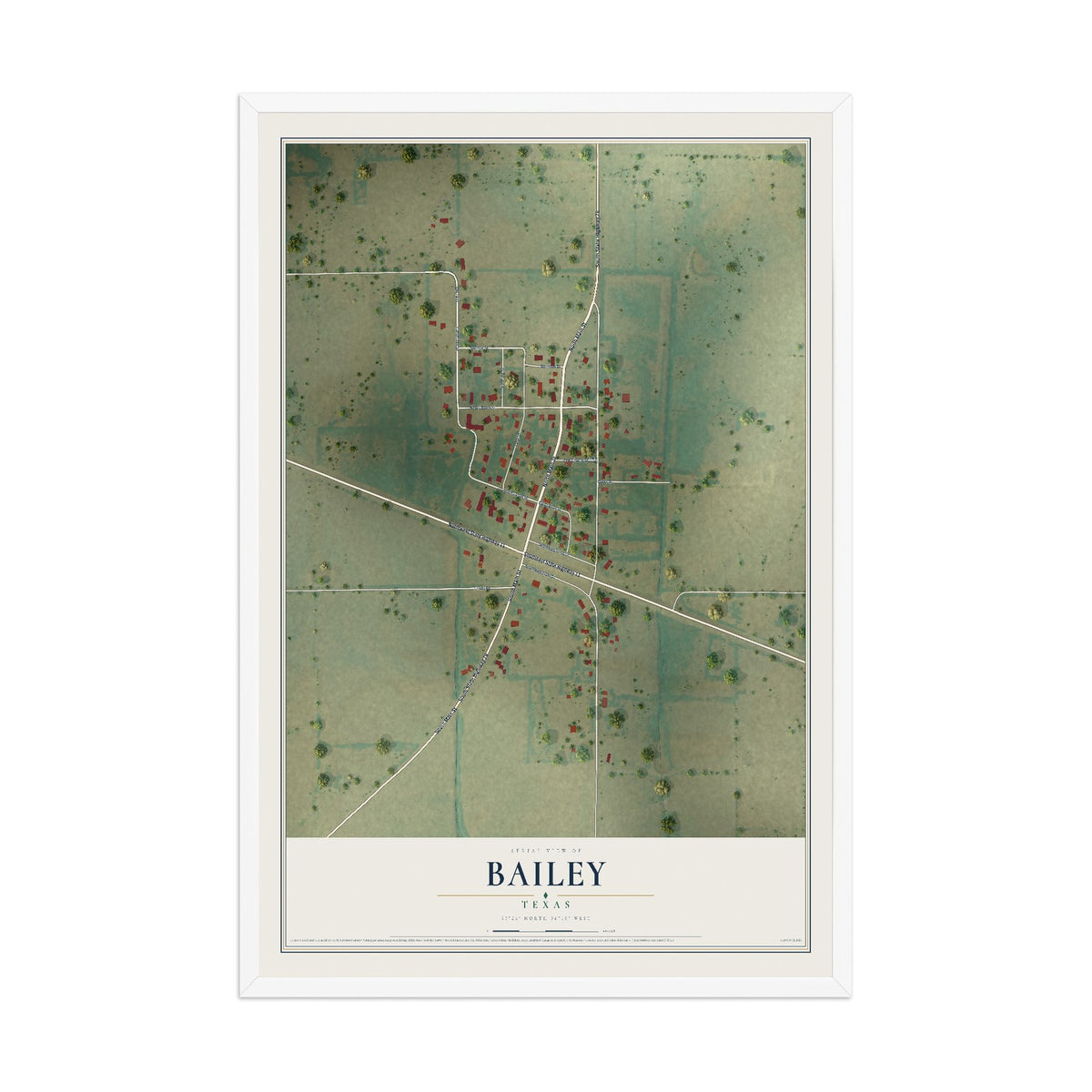 Map of Bailey, Texas, 12 x 18 inch print in a white wood frame