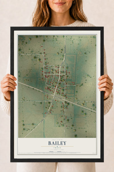 Map of Bailey, Texas, 18 x 24 inch print in a black wood frame